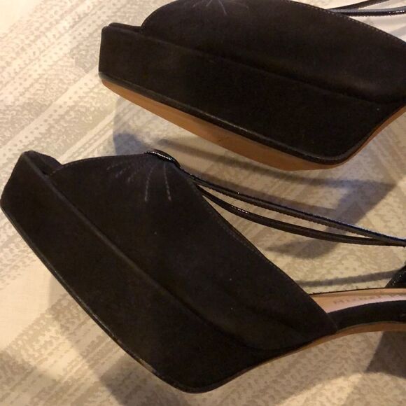 Michel Perry Brown Suede/Leather Peep Toe Platform - Picture 5 of 7